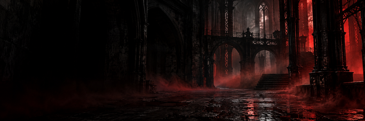 Decaying gothic stone hall with crimson light and drifting red mist